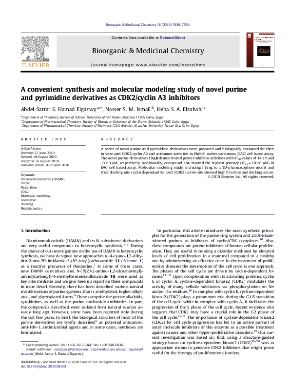 First page of “A convenient synthesis and molecular modeling study of novel purine and pyrimidine derivatives as CDK2/cyclin A3 inhibitors”