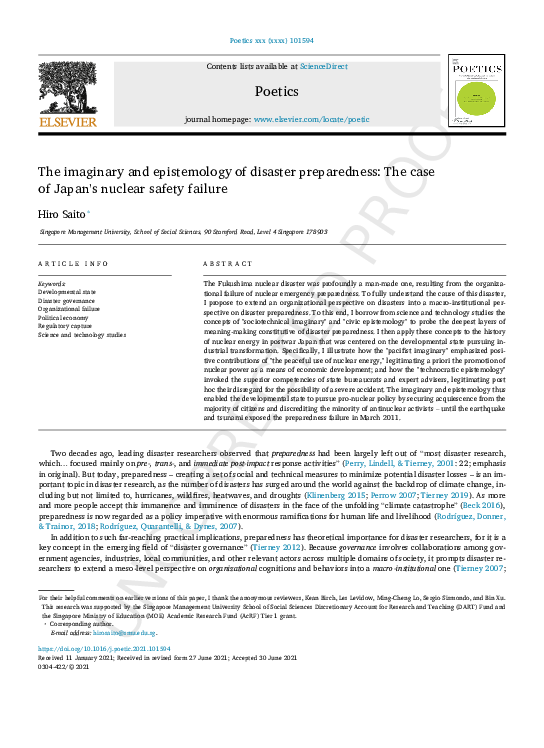 First page of “The Imaginary and Epistemology of Disaster Preparedness: The Case of Japan's Nuclear Safety Failure”