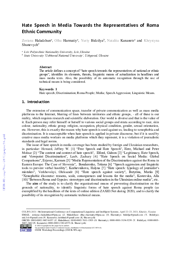 First page of “Hate Speech in Media Towards the Representatives of Roma Ethnic Community”