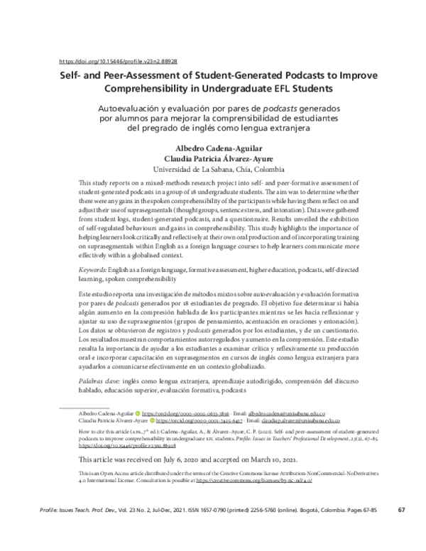 First page of “Self- and Peer-Assessment of Student-Generated Podcasts to Improve Comprehensibility in Undergraduate EFL Students”