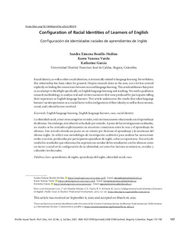 First page of “Configuration of Racial Identities of Learners of English”