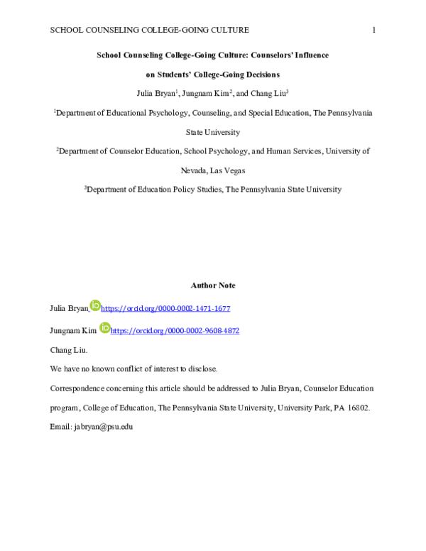 First page of “School Counseling College-Going Culture: Counselors' Influence on Students' College-Going Decisions PREPRINT”