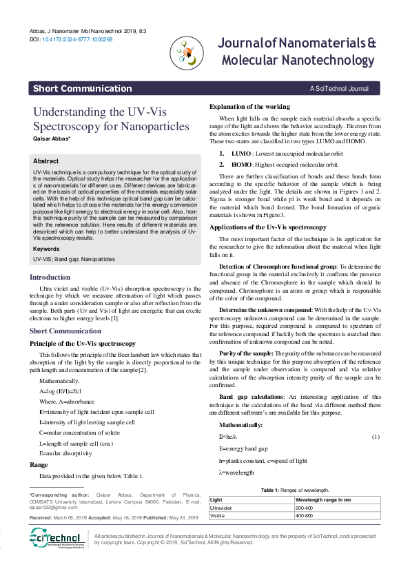 First page of “Understanding the UV-Vis Spectroscopy for Nanoparticles”