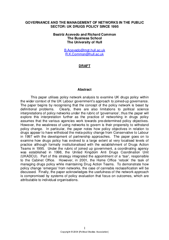 First page of “Governance and the management of networks in the public sector”