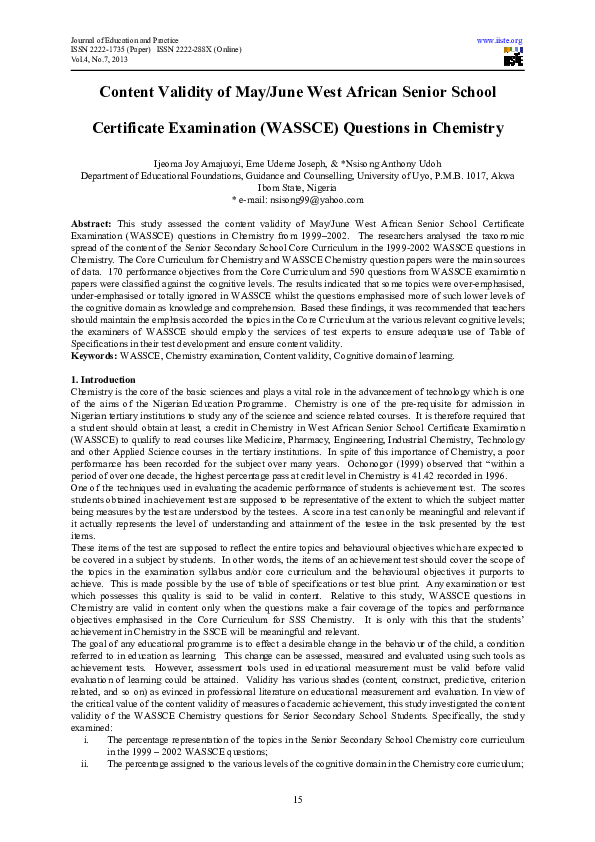 First page of “Content Validity of May/June West African Senior School Certificate Examination (WASSCE) Questions in Chemistry”