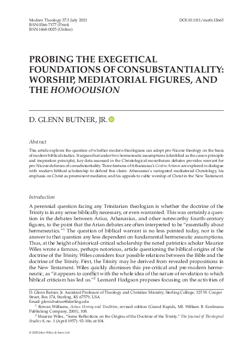 First page of “Probing the Exegetical Foundations of Consubstantiality: Worship, Mediatorial Figures, and the Homoousion”