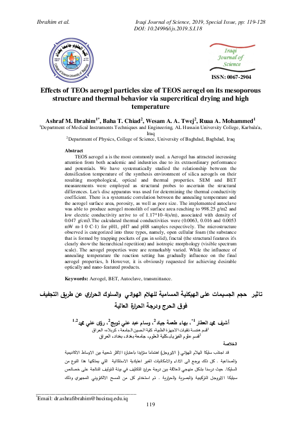 First page of “Effects of TEOs aerogel particles size of TEOS aerogel on its mesoporous structure and thermal behavior via supercritical drying and high temperature”