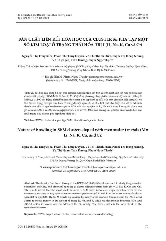 First page of “NGHIÊN CỨU BẢN CHẤT LIÊN KẾT HÓA HỌC CỦA CLUSTER Si2M VỚI M LÀ MỘT SỐ KIM LOẠI HÓA TRỊ I”