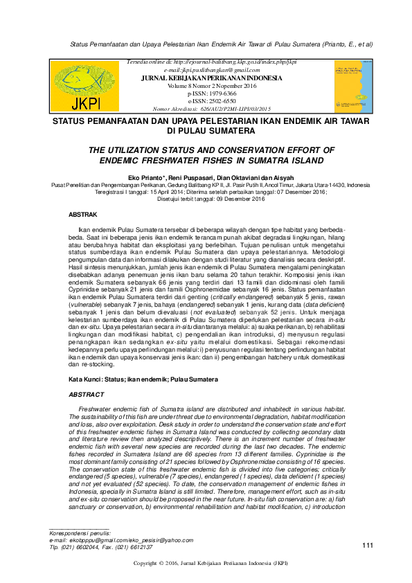 First page of “Status Pemanfaatan Dan Upaya Pelestarian Ikan Endemik Air Tawar DI Pulau Sumatera”