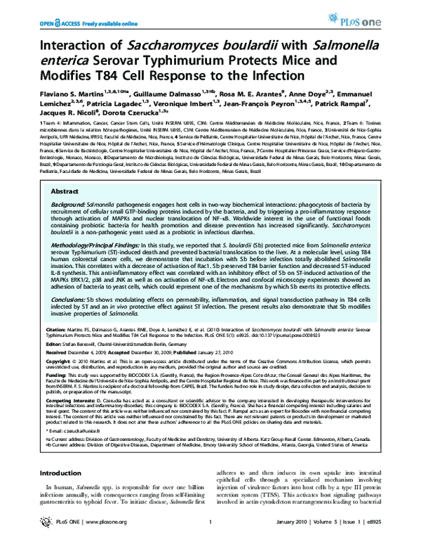 First page of “Interaction of Saccharomyces boulardii with Salmonella enterica Serovar Typhimurium Protects Mice and Modifies T84 Cell Response to the Infection”