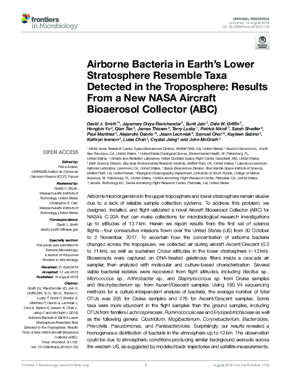 First page of “Airborne Bacteria in Earth's Lower Stratosphere Resemble Taxa Detected in the Troposphere: Results From a New NASA Aircraft Bioaerosol Collector (ABC)”