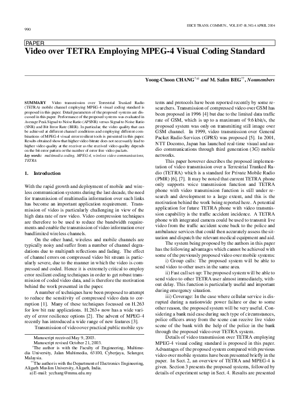 First page of “Video over TETRA Employing MPEG-4 Visual Coding Standard(Multimedia Systems)”