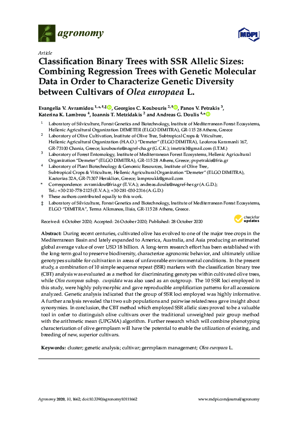 First page of “Classification Binary Trees with SSR Allelic Sizes: Combining Regression Trees with Genetic Molecular Data in Order to Characterize Genetic Diversity between Cultivars of Olea europaea L”