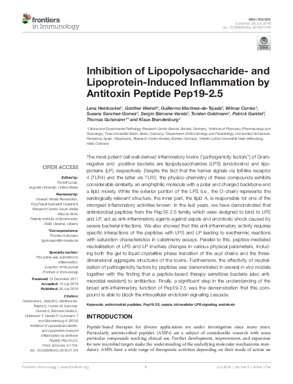 First page of “Inhibition of Lipopolysaccharide- and Lipoprotein-Induced Inflammation by Antitoxin Peptide Pep19-2.5”