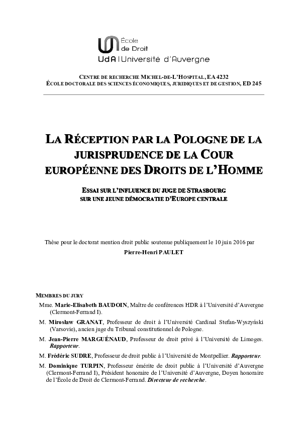 First page of “La Réception par la Pologne de la Jurisprudence de la Cour européenne des droits de l'homme”