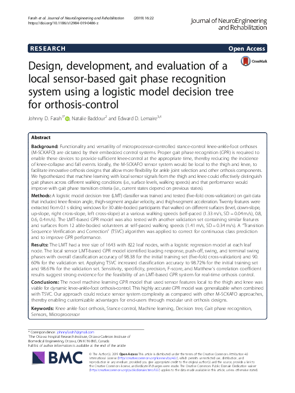 First page of “Design, development, and evaluation of a local sensor-based gait phase recognition system using a logistic model decision tree for orthosis-control”