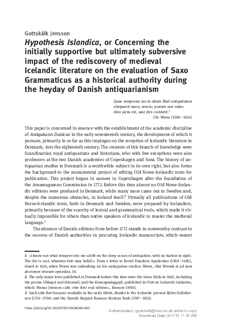 First page of “Hypothesis Islandica, or Concerning the initially supportive but ultimately subversive impact of the rediscovery of medieval Icelandic literature on the evaluation of Saxo Grammaticus as a historical authority during the heyday of Danish antiquarianism”