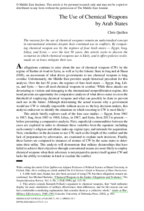 First page of “The Use of Chemical Weapons by Arab States”