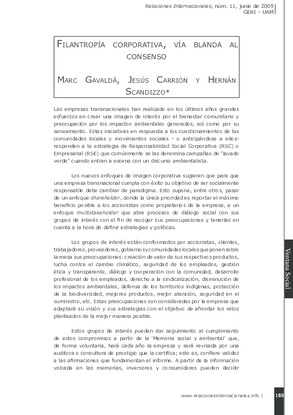 First page of “Filantropía corporativa, vía blanda al consenso”