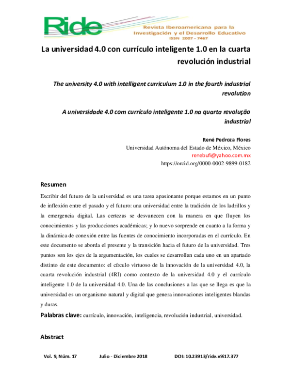 First page of “La universidad 4.0 con currículo inteligente 1.0 en la cuarta revolución industrial The university 4.0 with intelligent curriculum 1.0 in the fourth industrial revolution A universidade 4.0 com currículo inteligente 1.0 na quarta revolução industrial”