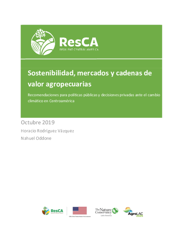 First page of “Sostenibilidad, mercados y cadenas de valor agropecuarias. Recomendaciones para políticas públicas y decisiones privadas ante el cambio climático en Centroamérica”