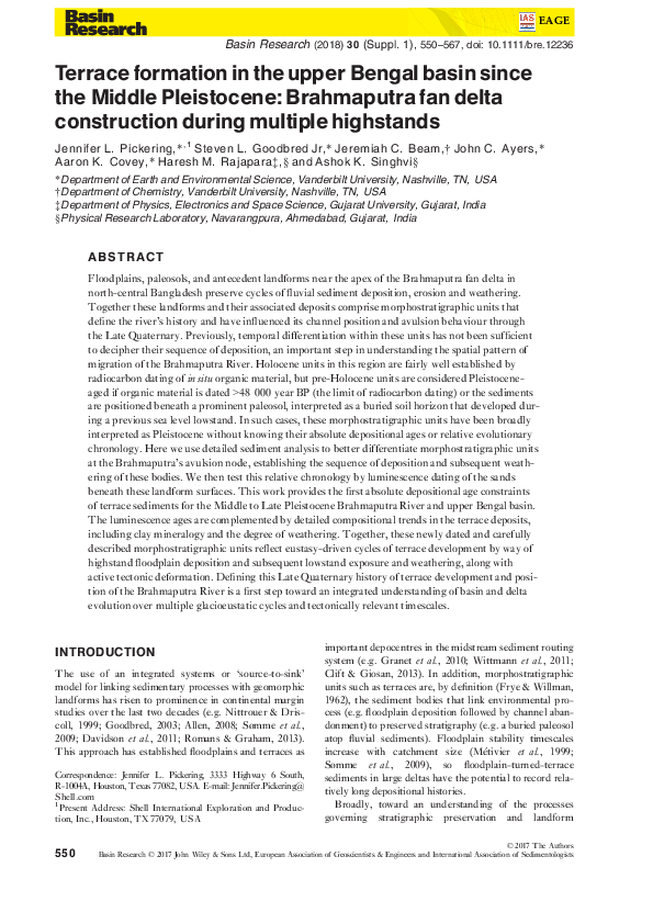 First page of “Terrace formation in the upper Bengal basin since the Middle Pleistocene: Brahmaputra fan delta construction during multiple highstands”