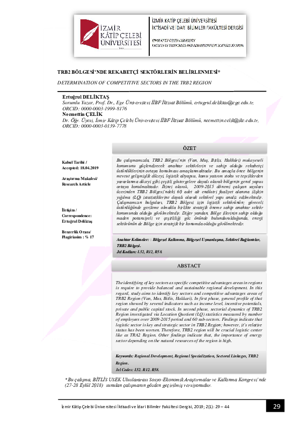 First page of “TRB2 BÖLGESİ'NDE REKABETÇİ SEKTÖRLERİN BELİRLENMESİ* DETERMINATION OF COMPETITIVE SECTORS IN THE TRB2 REGION”