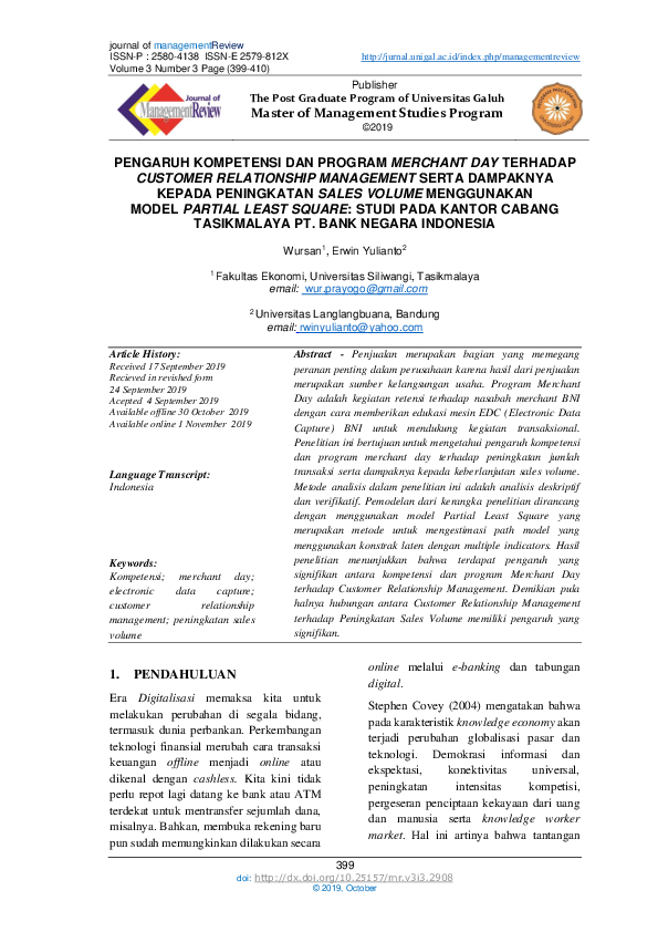 First page of “Pengaruh Kompetensi & Program Mercant Day Terhadap Customer Relationship Management Serta Dampaknya Kepada Peningkatan Sales Volume Menggunakan Model Partial Least Square (Studi Kasus Pada Kantor Cabang Tasikmalaya PT. Bank Negara Indonesia (Persero), Tbk.)”