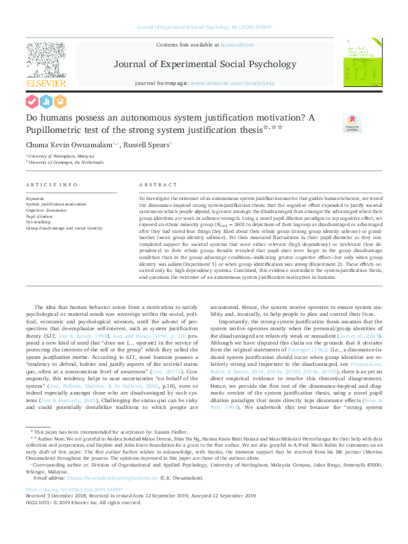 First page of “Do humans possess an autonomous system justification motivation?  A pupillometric test of the strong system justification thesis”