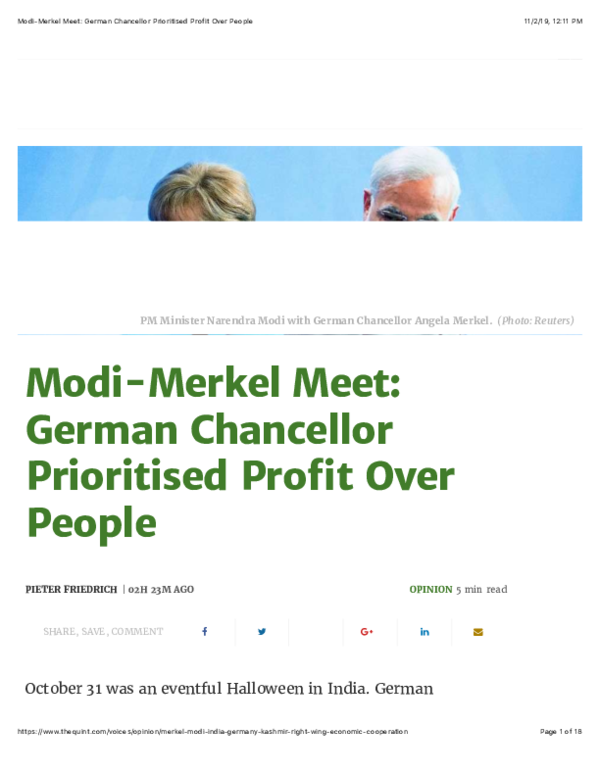 First page of “Modi-Merkel Meet: German Chancellor Prioritised Profit Over People”