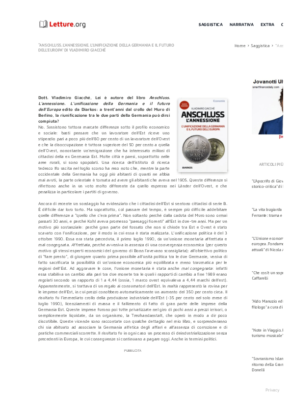 First page of “[Intervista a Vladimiro Giacché su] Anschluss. L'annessione. L'unificazione della Germania e il futuro dell'Europa, Letture.org, 4 novembre 2019”