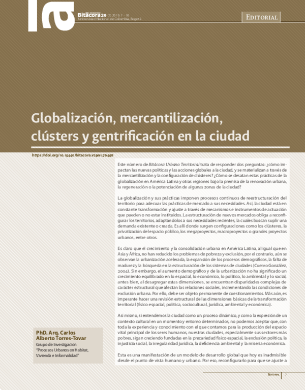 First page of “Globalización, mercantilización, clústers y gentrificación en la ciudad”