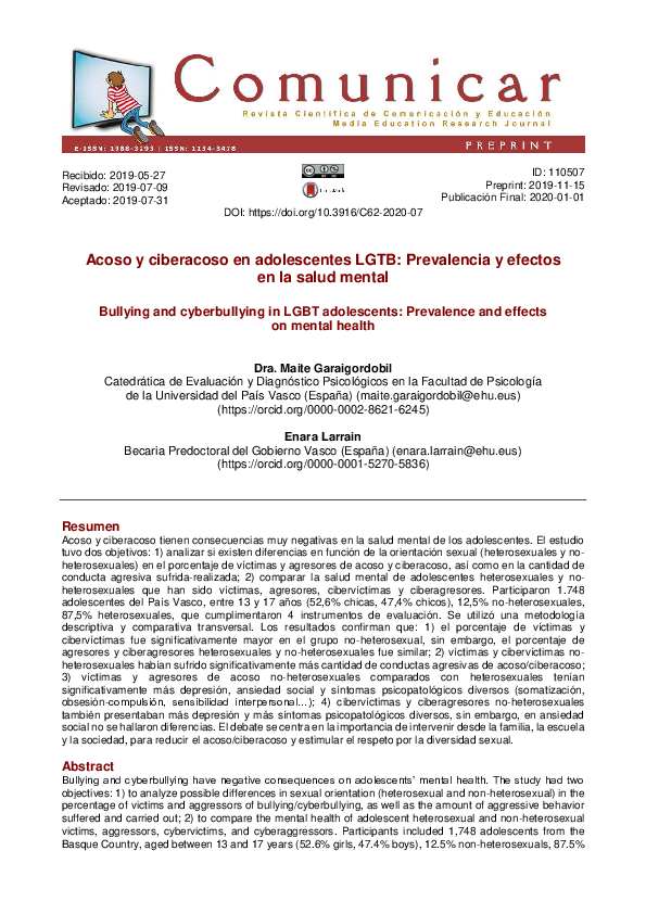 First page of “Bullying y cyberbullying en adolescentes LGTB: Prevalencia y efectos en la salud mental”