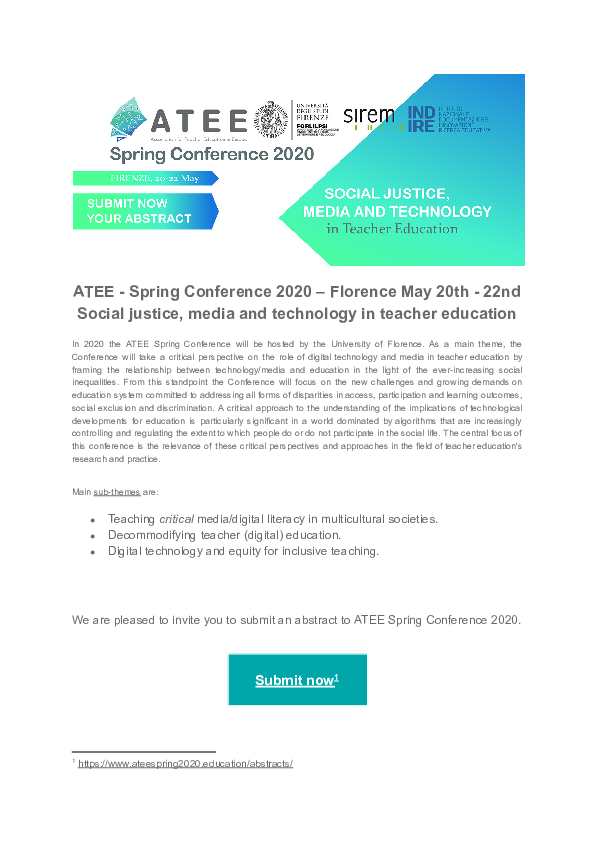 First page of “ATEE -Spring Conference 2020 -Florence May 20th -22nd Social justice, media and technology in teacher education Submit now 1”