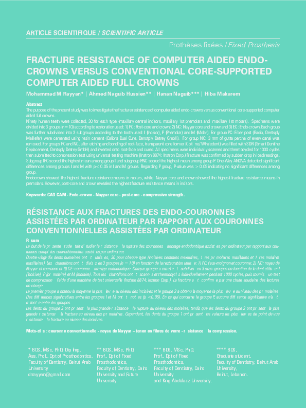 First page of “FRACTURE RESISTANCE OF COMPUTER AIDED ENDO- CROWNS VERSUS CONVENTIONAL CORE-SUPPORTED COMPUTER AIDED FULL CROWNS”