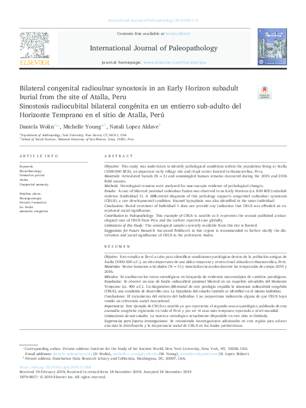 First page of “Bilateral congenital radioulnar synostosis in an Early Horizon subadult burial from the site of Atalla, Peru”