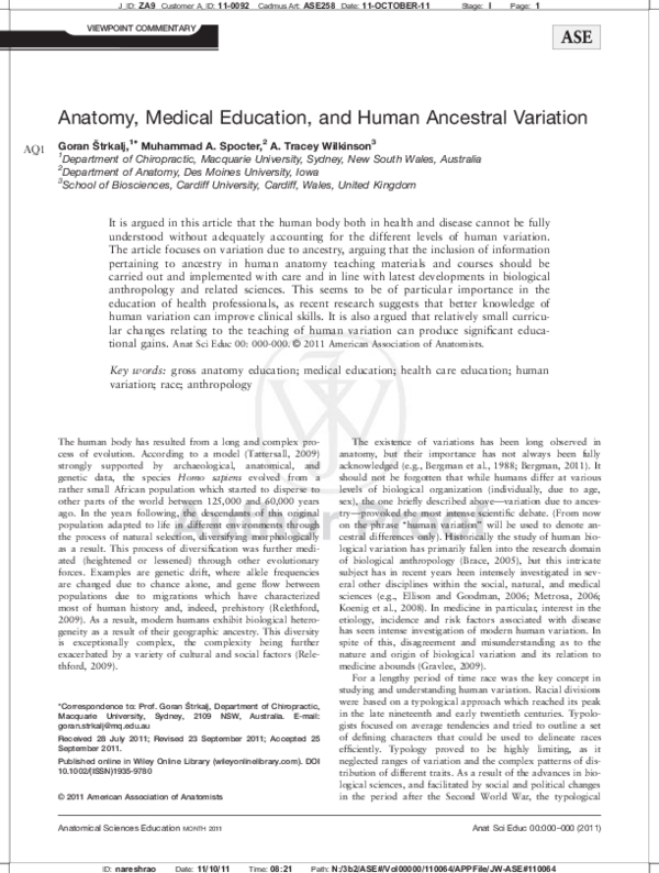 First page of “Anatomy, Medical Education and Human Ancestral Variation”