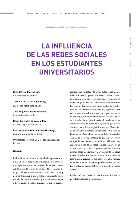 First page of “LA INFLUENCIA DE LAS REDES SOCIALES EN LOS ESTUDIANTES UNIVERSITARIOS”