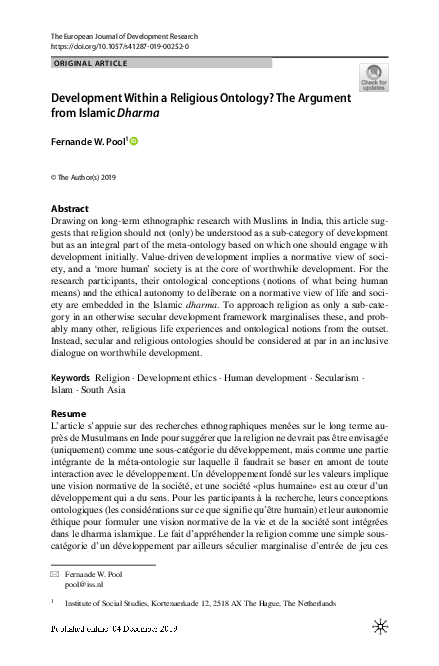 First page of “Development Within a Religious Ontology? The Argument from Islamic Dharma”