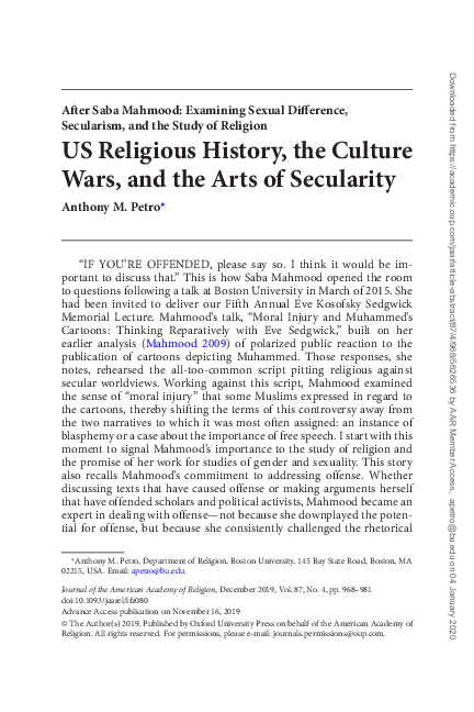 First page of “US Religious History, the Culture Wars, and the Arts of Secularity”