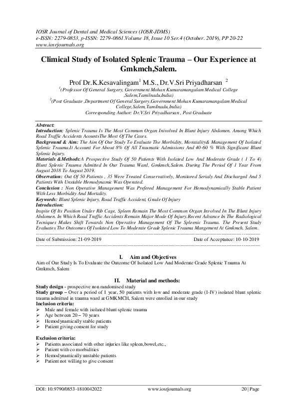 First page of “Climical Study of Isolated Splenic Trauma -Our Experience at Gmkmch,Salem.”