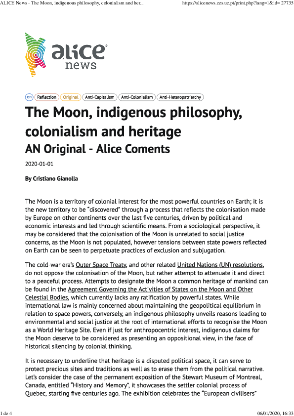 First page of “The Moon, indigenous philosophy, colonialism and heritage”