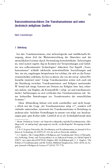 First page of “Transzendenzmaschinen: Der Transhumanismus und seine (technisch-)religiösen Quellen”