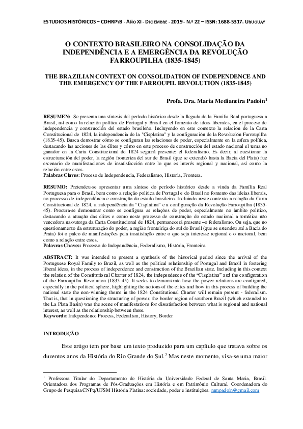 First page of “O CONTEXTO BRASILEIRO NA CONSOLIDAÇÃO DA INDEPENDÊNCIA E A EMERGÊNCIA DA REVOLUÇÃO FARROUPILHA (1835-1845) - Maria Medianeira Padoin”