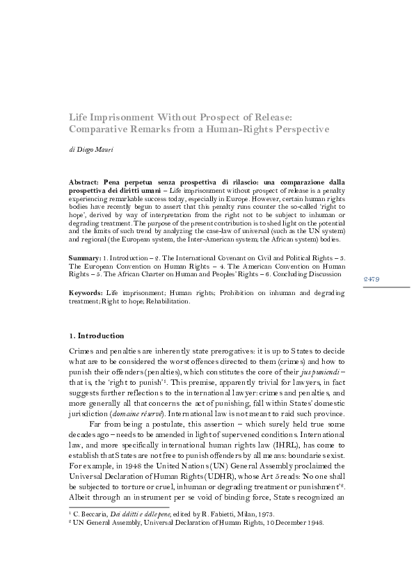 First page of “Life Imprisonment Without Prospect of Release: Comparative Remarks from a Human-Rights Perspective”