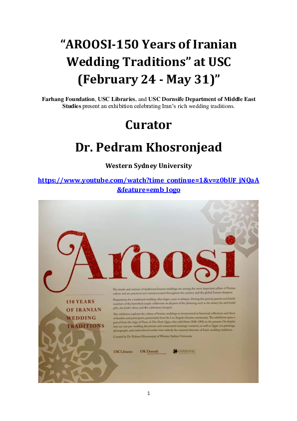 First page of “"AROOSI-150 Years of Iranian Wedding Traditions" (Exhibitipon, Feb 24 - May 31, 2020)”