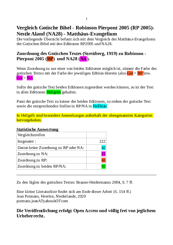 First page of “Vergleich Gotische Bibel -Robinson Pierpont 2005 (RP 2005)- Nestle Aland (NA28) - Matthäus-Evangelium”