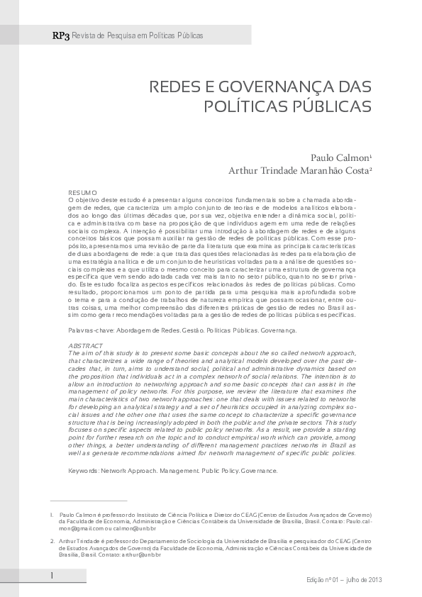 First page of “Redes e Governança Das Políticas Públicas”