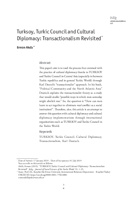 First page of “Turksoy, Turkic Council and Cultural Diplomacy: Transactionalism Revisited / Erman Akıllı  / bilig Türk Dünyası Sosyal Bilimler Dergisi 91 - Türk Konseyi'nin 10. Yılı Özel Sayısı”