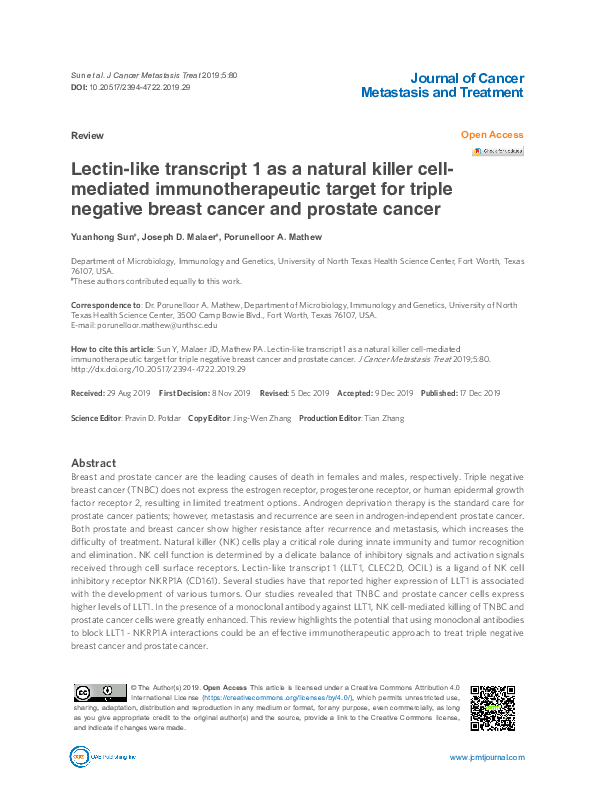 First page of “Lectin-like transcript 1 as a natural killer cell- mediated immunotherapeutic target for triple negative breast cancer and prostate cancer”